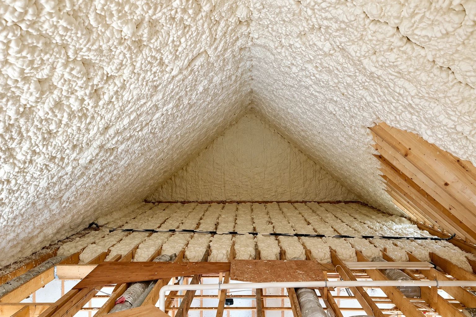 Attic roof and walls coated in white spray foam, with exposed floor joists and a cable across them.
