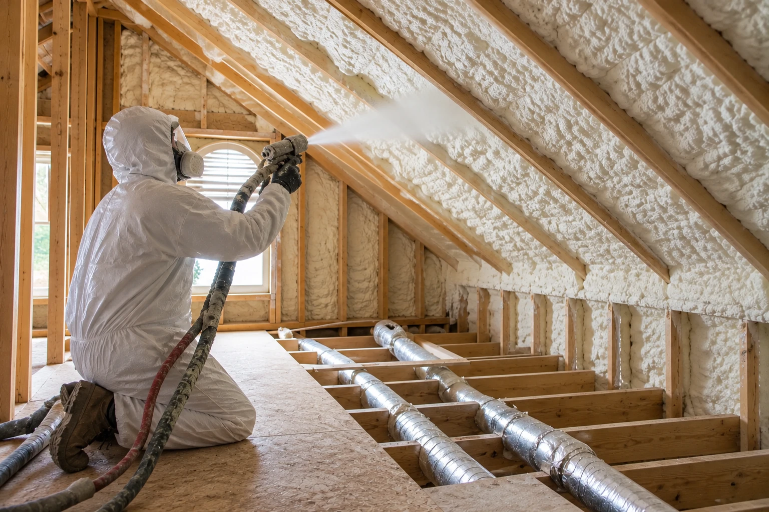 A worker in protective gear sprays foam insulation along the sloped rafters of an unfinished attic.
