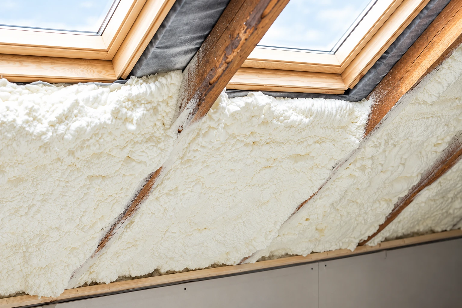 White spray foam fills the sloped roof bays of an attic beneath two skylights.