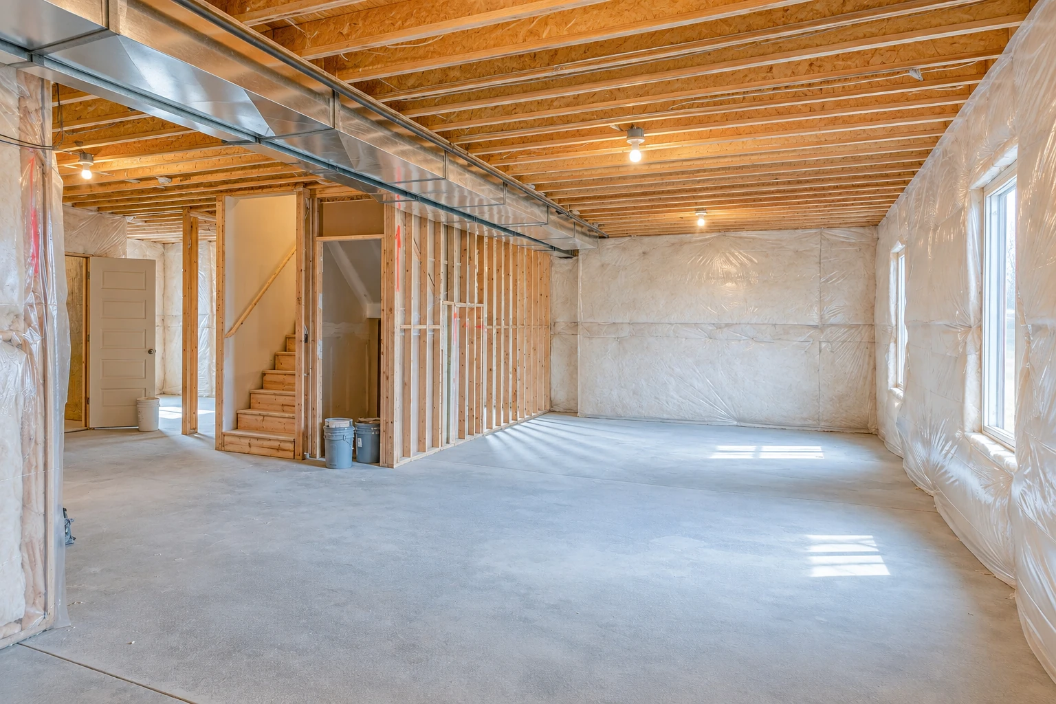 Unfinished basement with white insulation covering the walls, exposed ceiling joists, ductwork, and a concrete floor.
