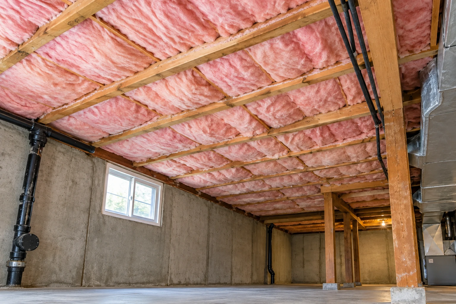 Pink fiberglass batts fill the ceiling joists in an unfinished basement with concrete walls and exposed pipes.