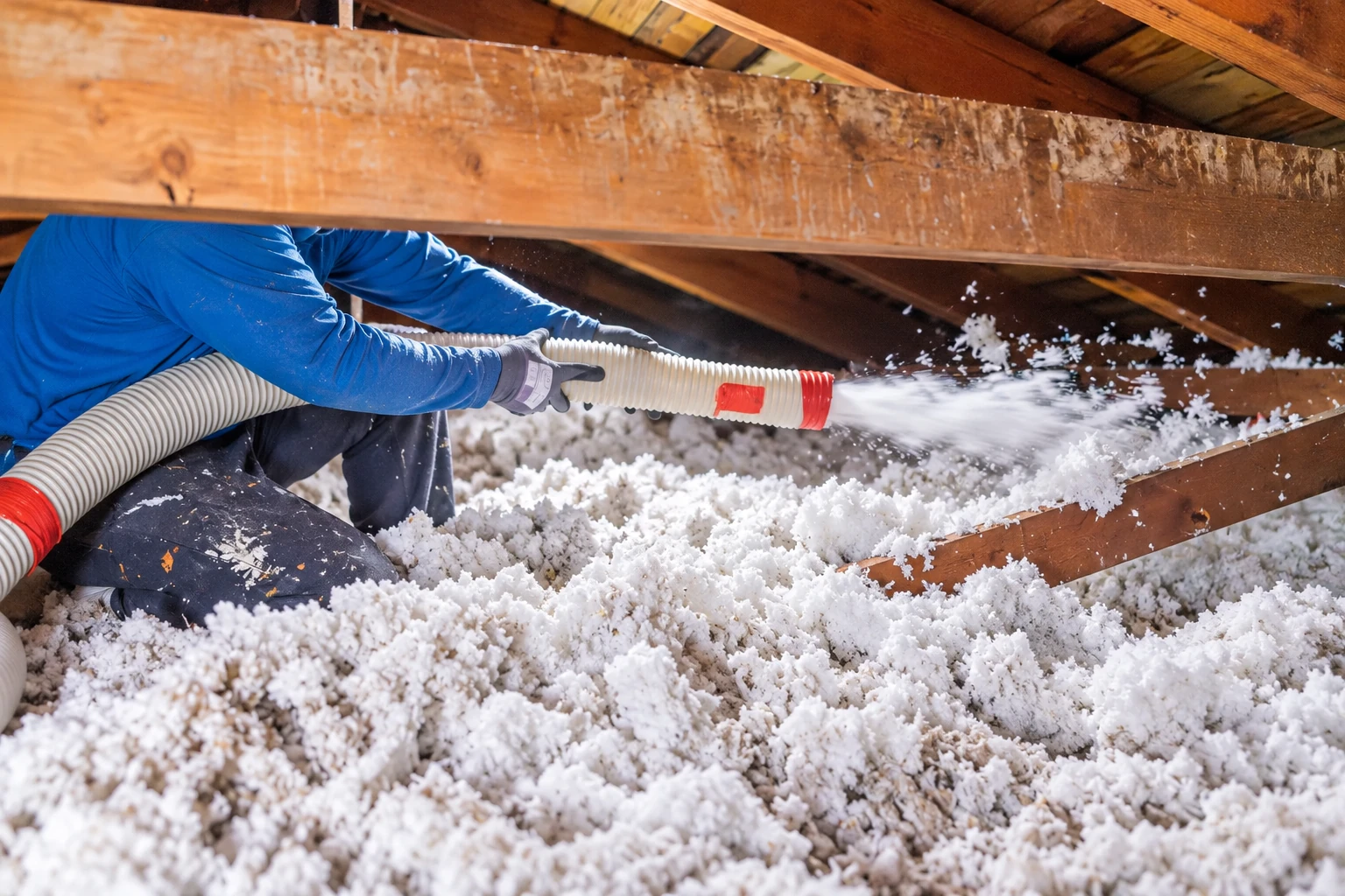 A worker directs a hose to blow loose-fill insulation across an attic floor.