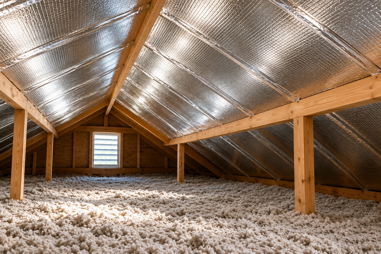 Loose-fill insulation covers an attic floor beneath reflective foil lining on the sloped roof.