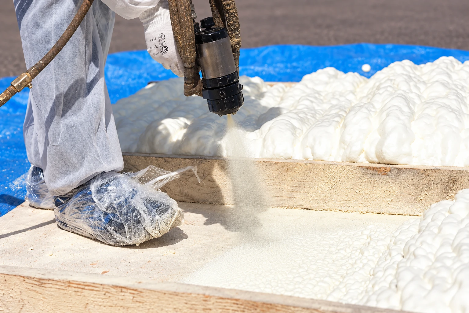 A worker sprays white foam insulation onto a panel, where it expands into thick, uneven ridges.
