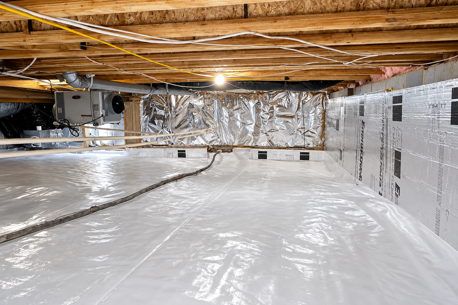 Crawl space with a white vapor barrier across the floor, insulated walls, exposed joists, ductwork, and a hose.