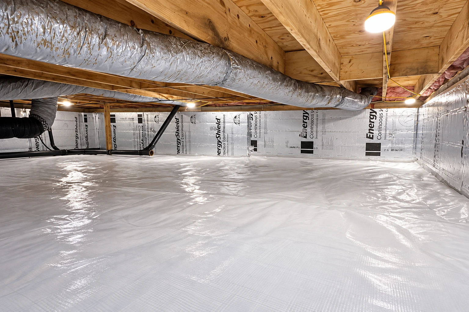Crawl space with a white vapor barrier across the floor, insulated walls, and a large foil-wrapped duct.