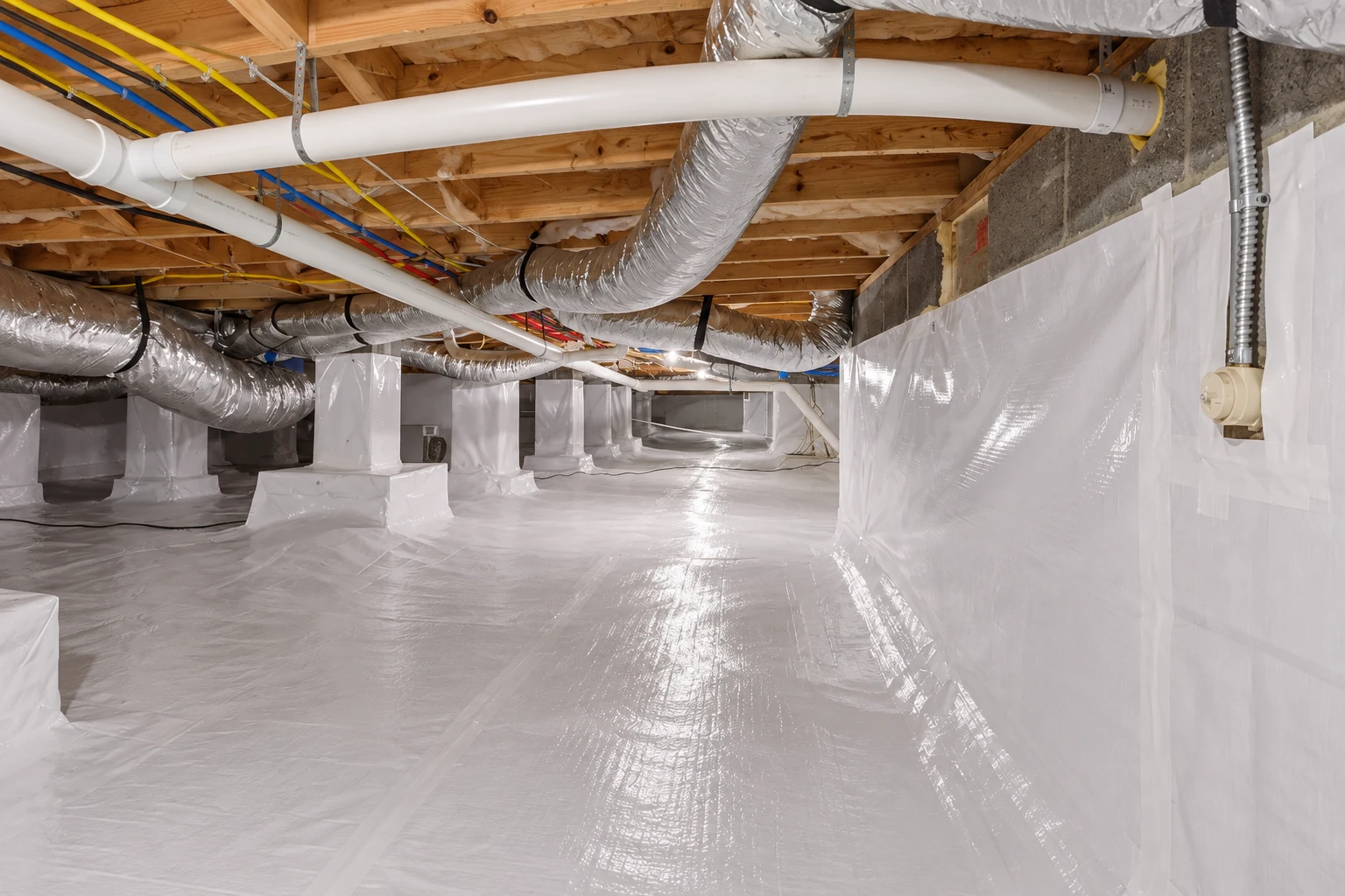 A crawl space has a white plastic vapor barrier covering the floor and support piers beneath exposed joists and ductwork.