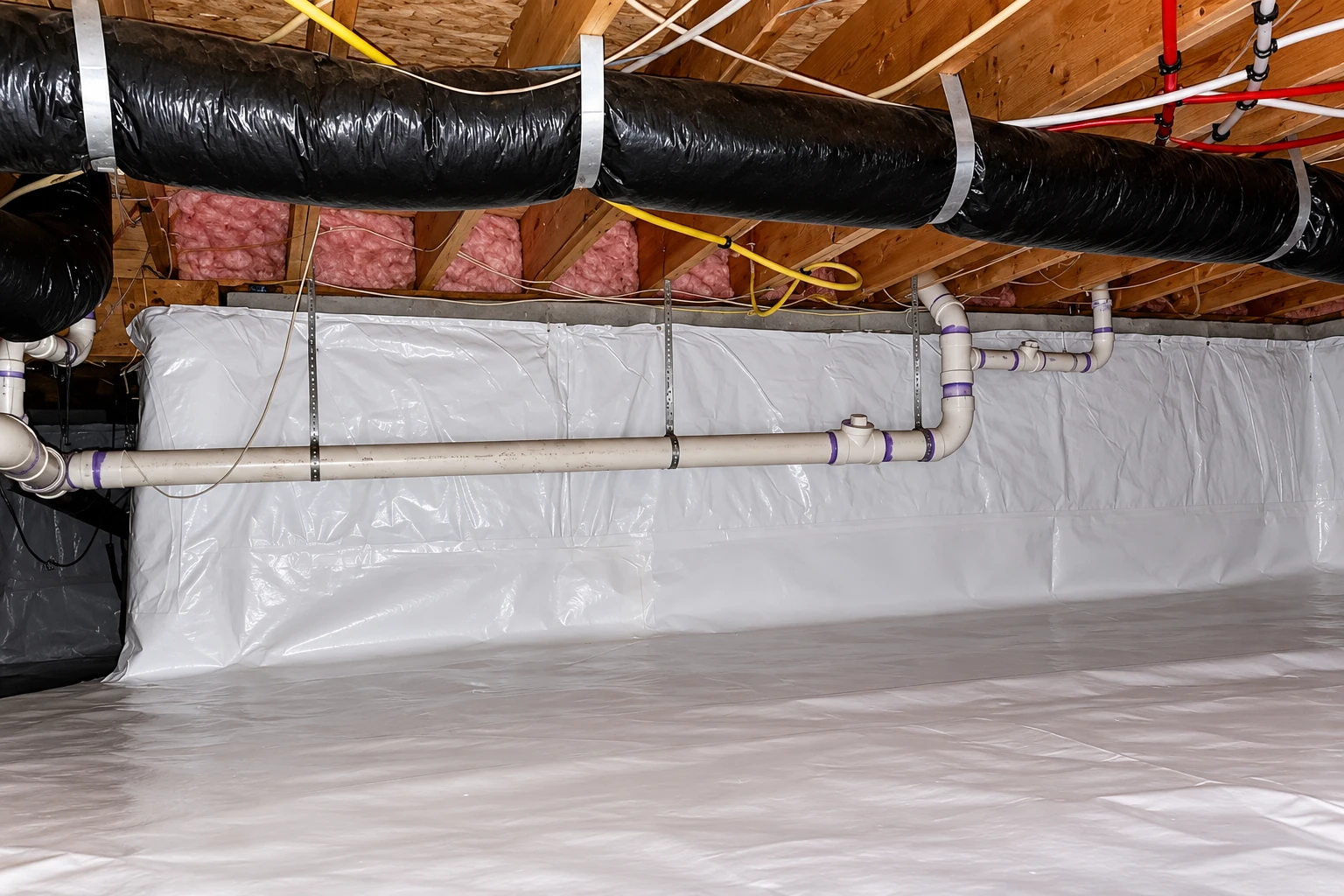 A crawl space has white vapor-barrier sheeting across the floor and walls, with ducts, pipes, and exposed framing overhead.