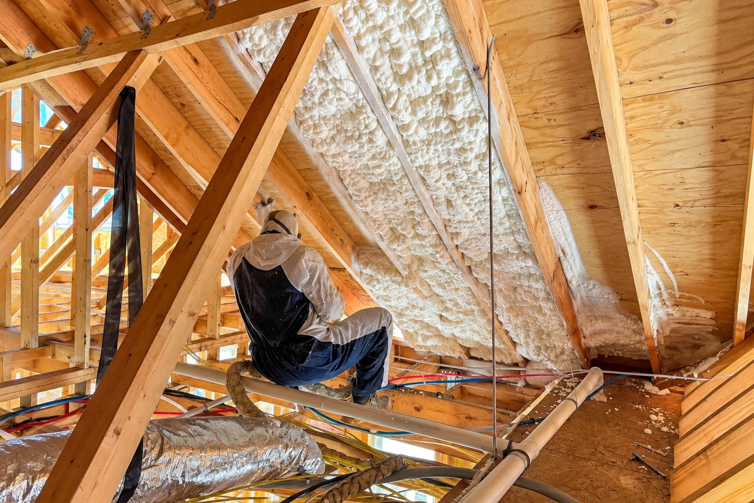 A worker in protective clothing installs foam insulation between exposed attic rafters.