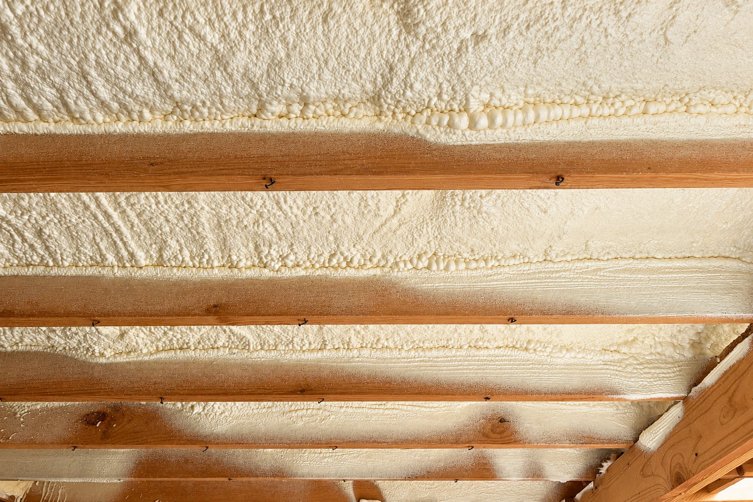 Cream-colored spray foam fills the spaces between parallel wooden joists, viewed close up.