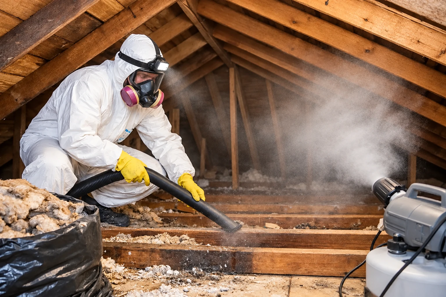 A worker in a respirator vacuums loose attic insulation through a hose as dust rises nearby.