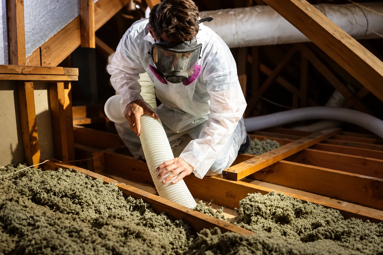 A worker in protective coveralls and a respirator guides a flexible hose through loose attic insulation between wooden joists.