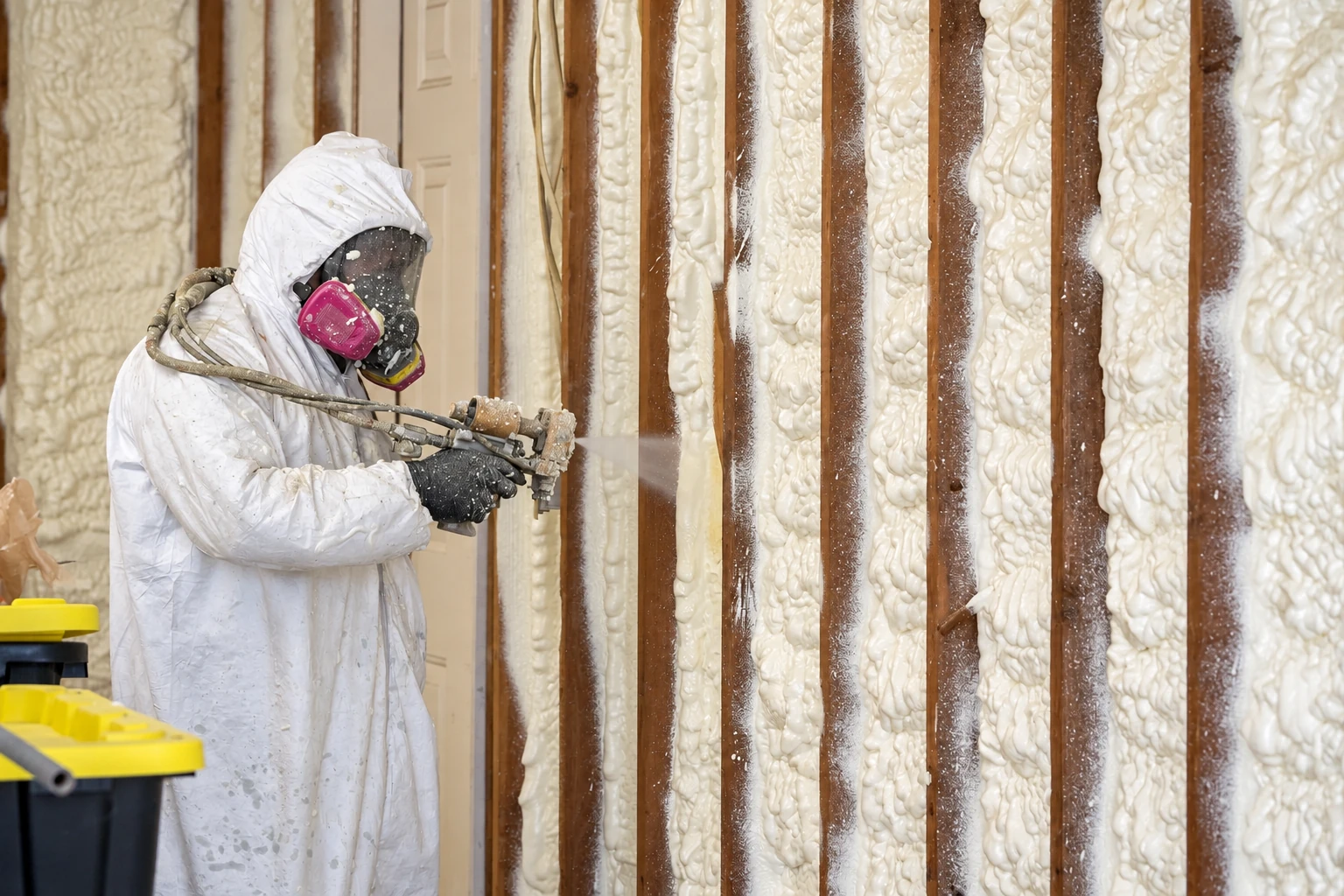 A worker in protective coveralls and a respirator sprays white foam insulation between exposed wall studs.