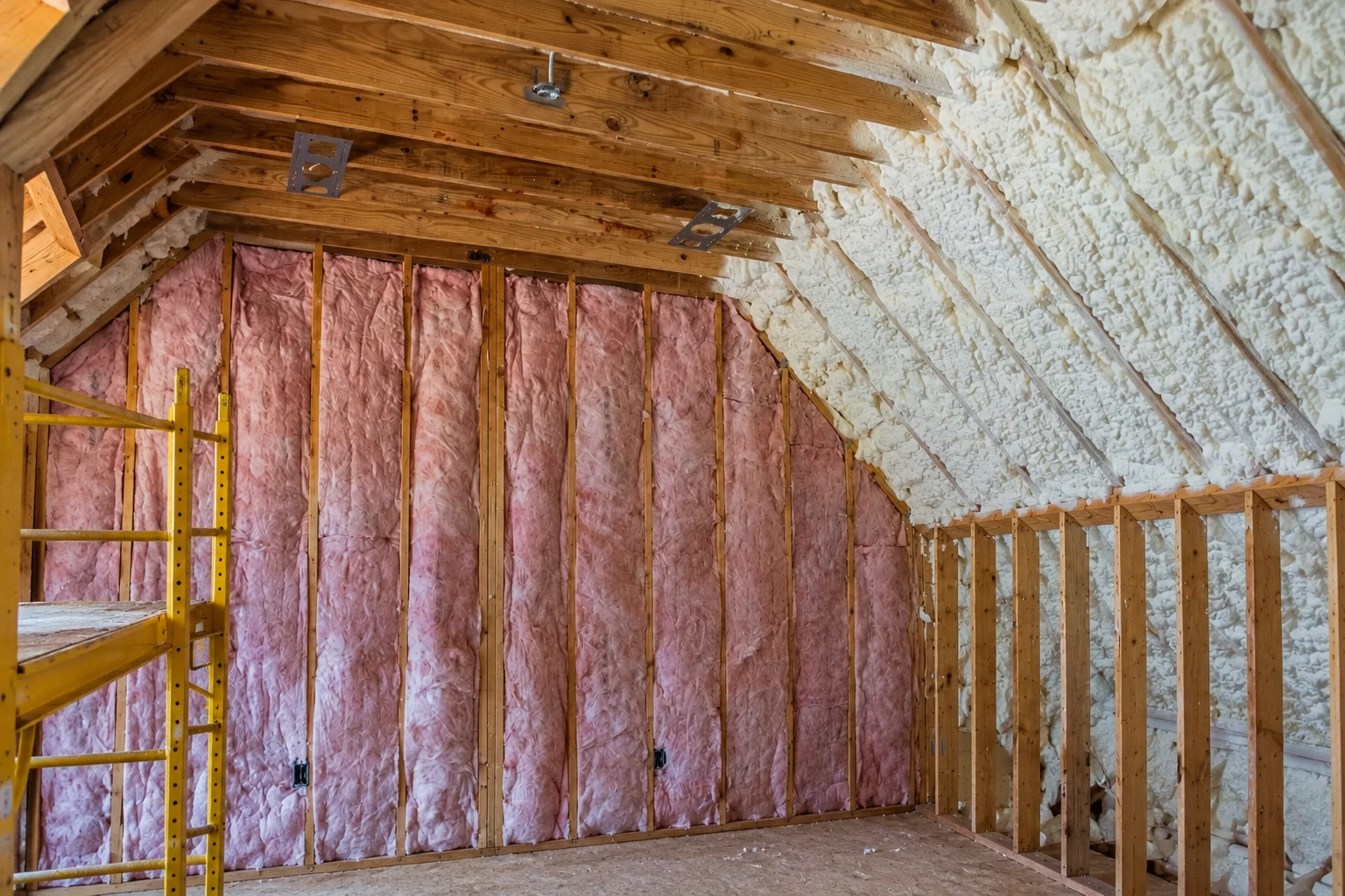 Open-cell spray foam coats the sloped roof framing above pink fiberglass batts in an unfinished attic.