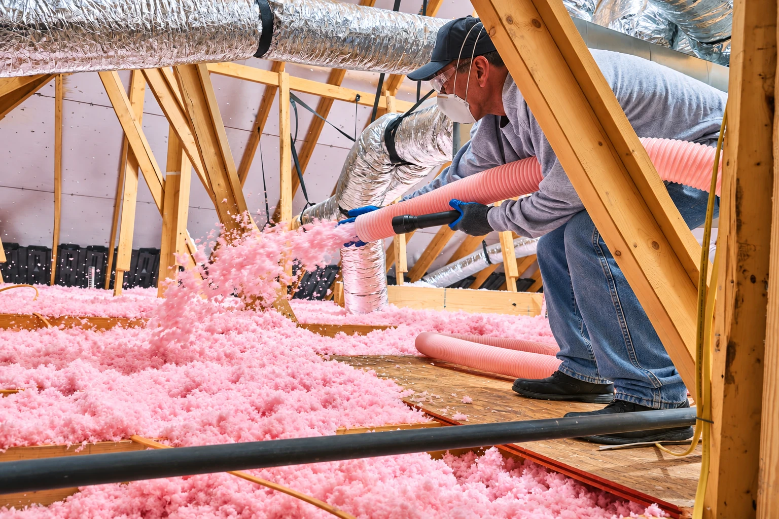 A worker sprays pink blown-in insulation across an attic floor through a flexible hose, among exposed rafters and metal ducts.
