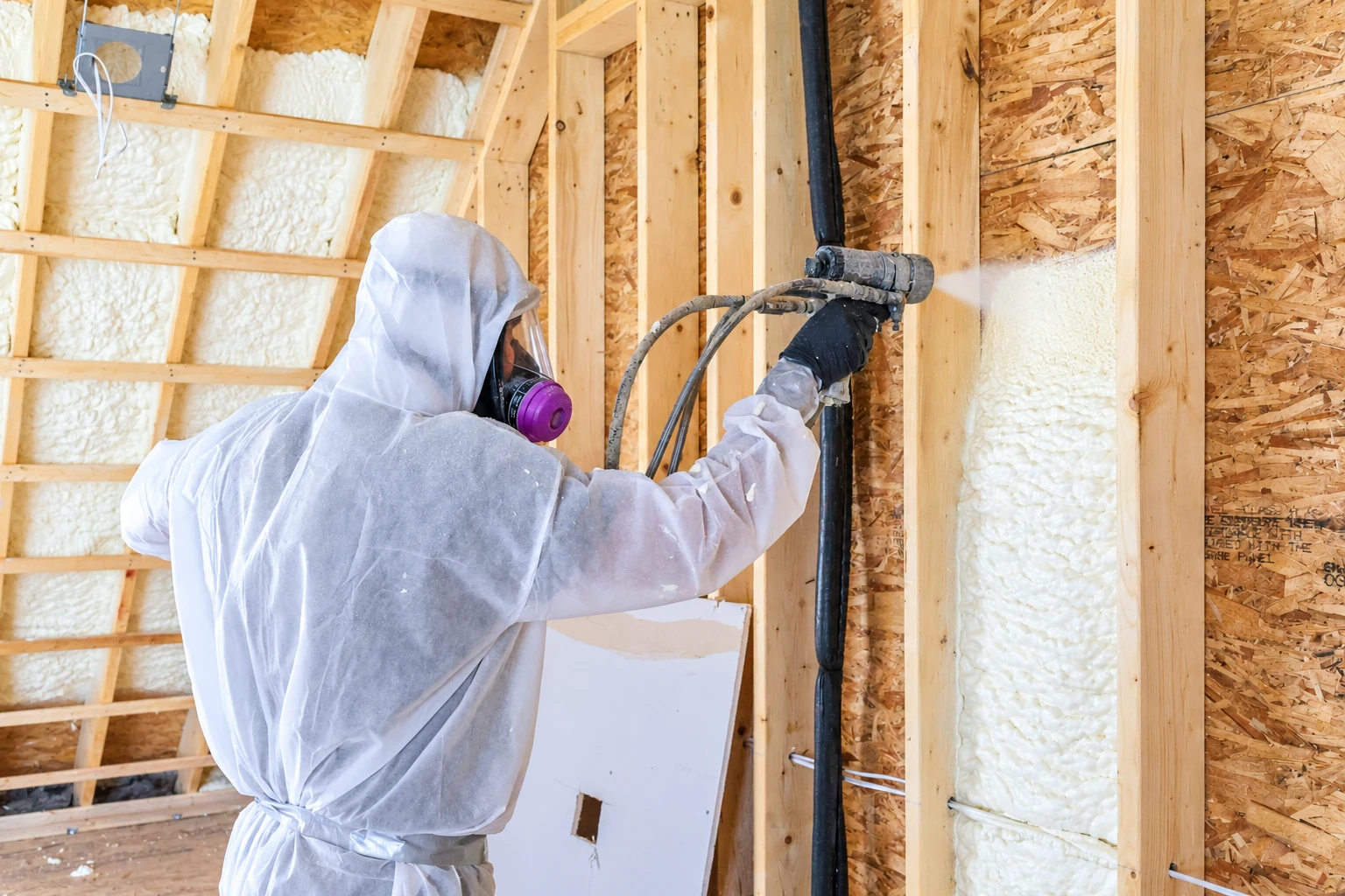 A worker in protective coveralls sprays foam insulation into the exposed wooden wall framing of a house.