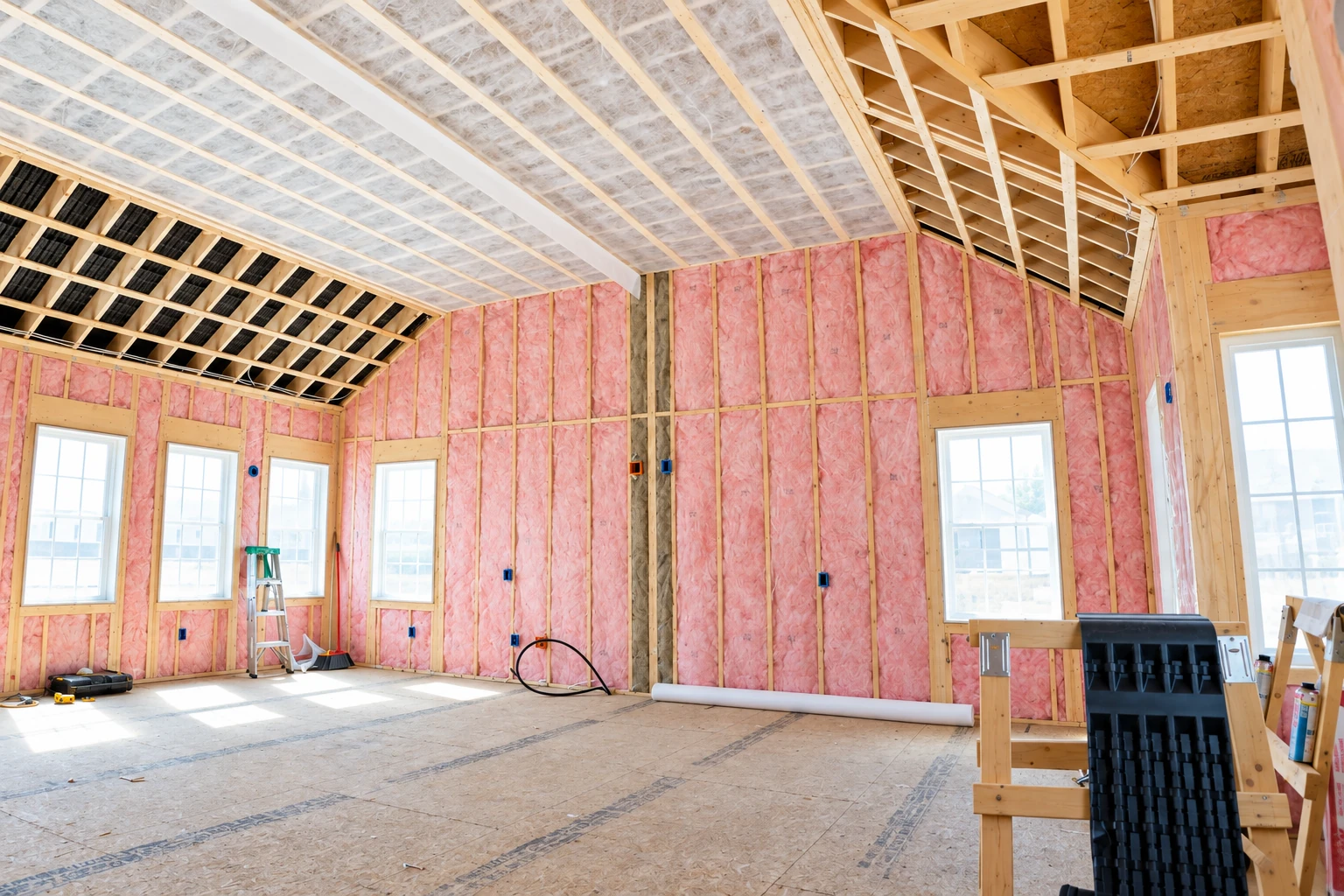 An unfinished room has pink batt insulation between wall studs and translucent vapor barrier sheets across part of the ceiling.