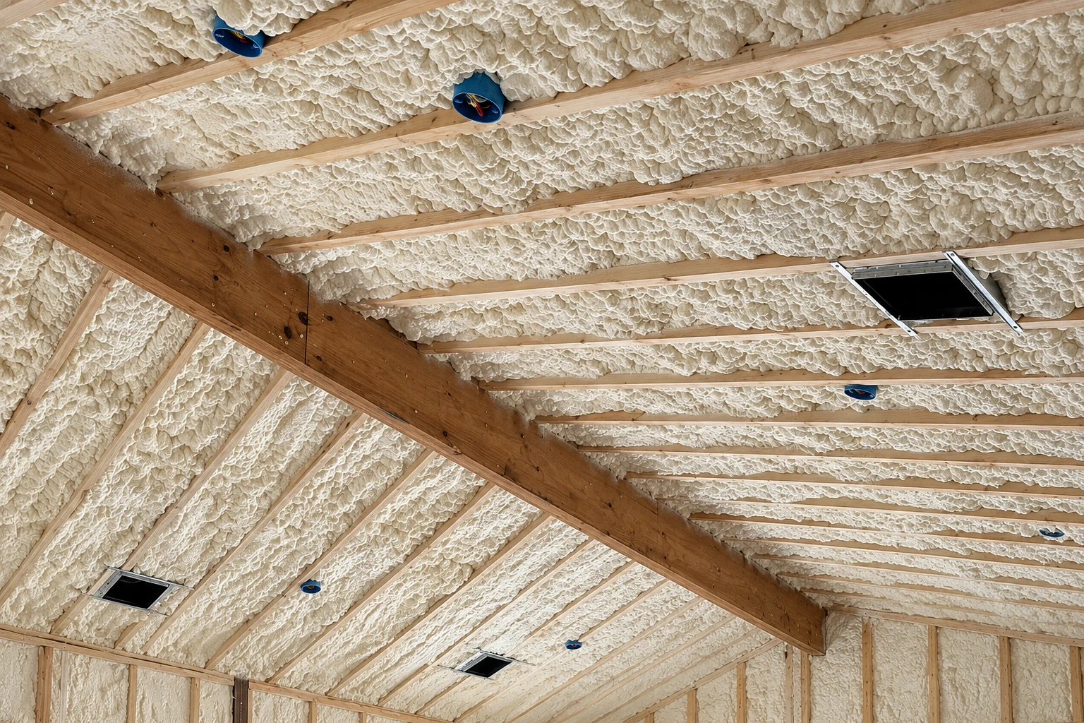 Exposed roof framing with thick white spray foam filling the spaces between the rafters.